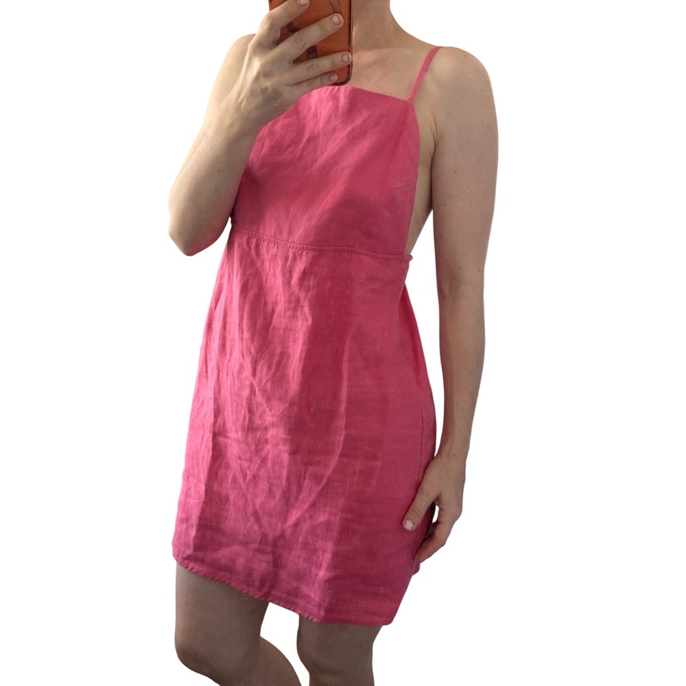 Reformation Pink 100% Linen Mini Dress Square‎ Neck Spaghetti Strap Size 4 USA